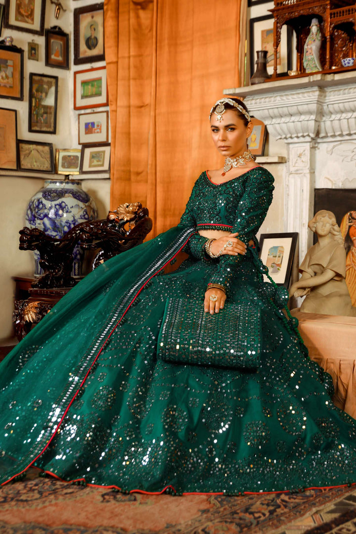 Arif Ashraf - Hara Rang - Lehnga - Bottle Green - Raw Silk & Organza - 3 Piece