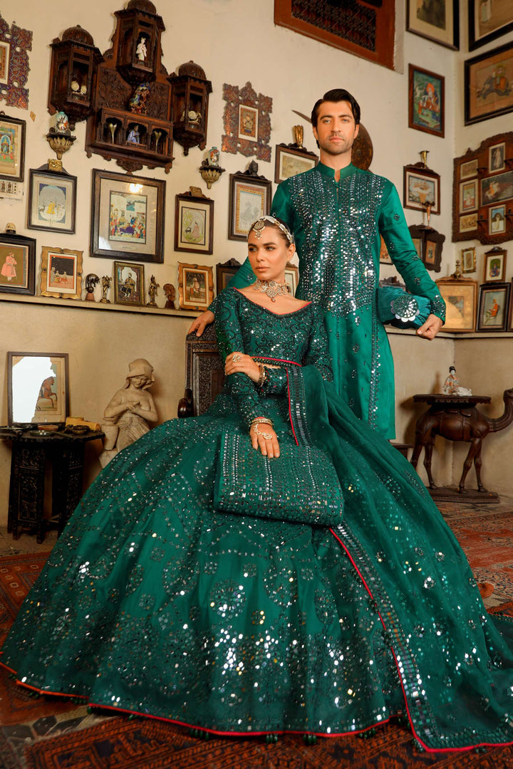 Arif Ashraf - Hara Rang - Lehnga - Bottle Green - Raw Silk & Organza - 3 Piece
