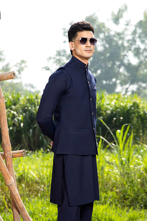 Arif Ashraf - Navy Blue Kurta Trouser with Waistcoat - 3 Piece