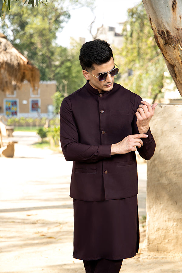 Arif Ashraf - Plum Kurta Trouser with Waistcoat - 3 Piece