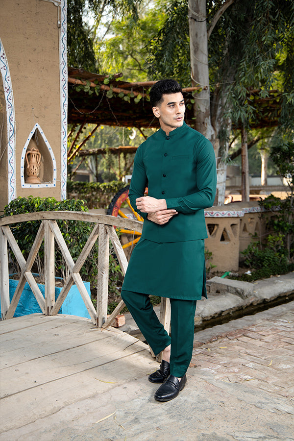 Arif Ashraf - Teal Kurta Trouser with Waistcoat - 3 Piece