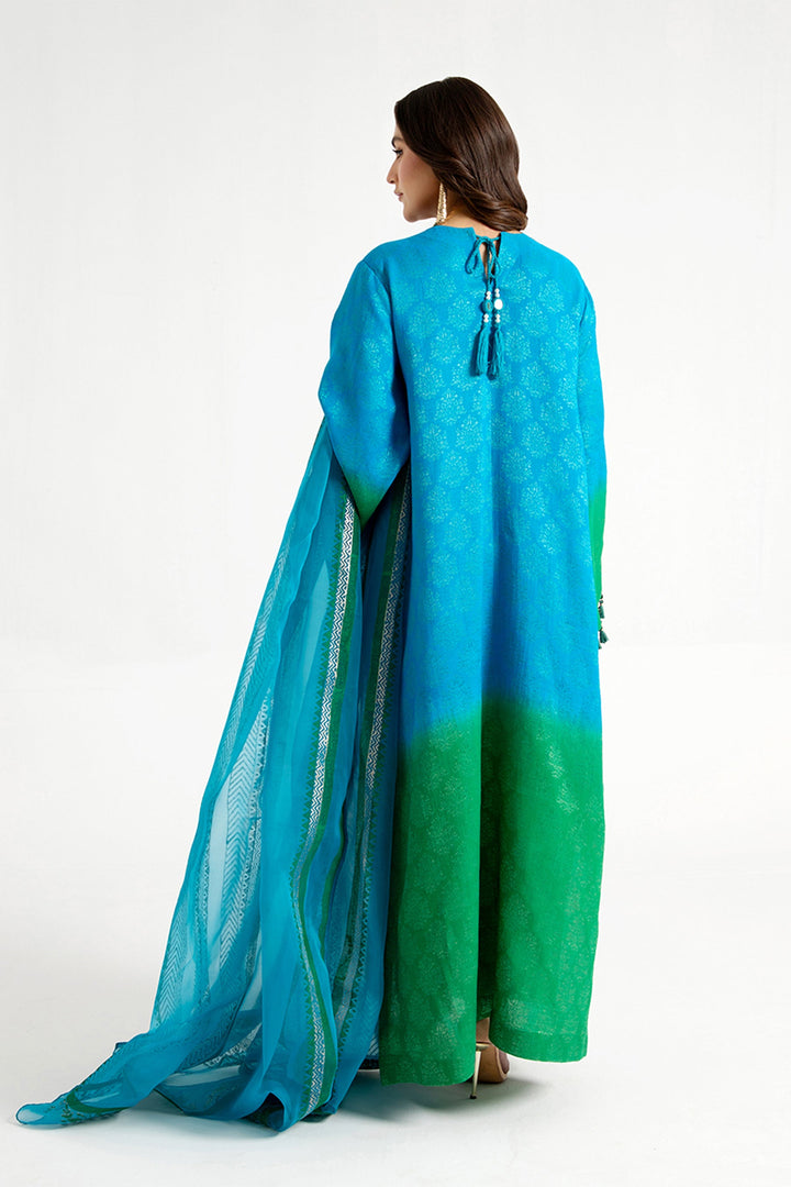 Arif Ashraf - Yasil - Blue and green - Self Jacquard and Organza - 3 Piece