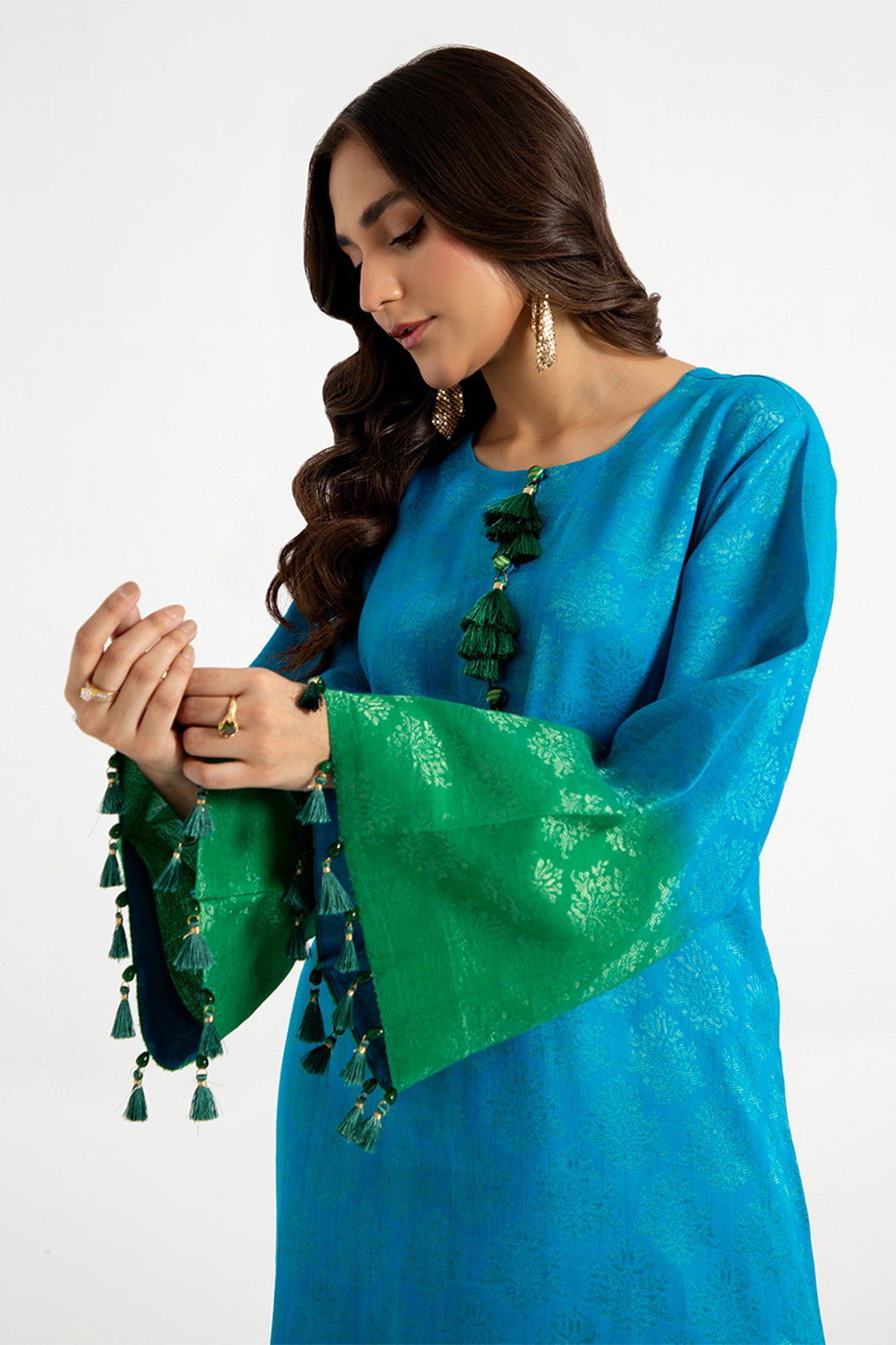 Arif Ashraf - Yasil - Blue and green - Self Jacquard and Organza - 3 Piece