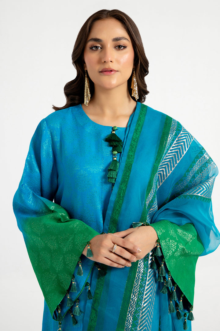 Arif Ashraf - Yasil - Blue and green - Self Jacquard and Organza - 3 Piece