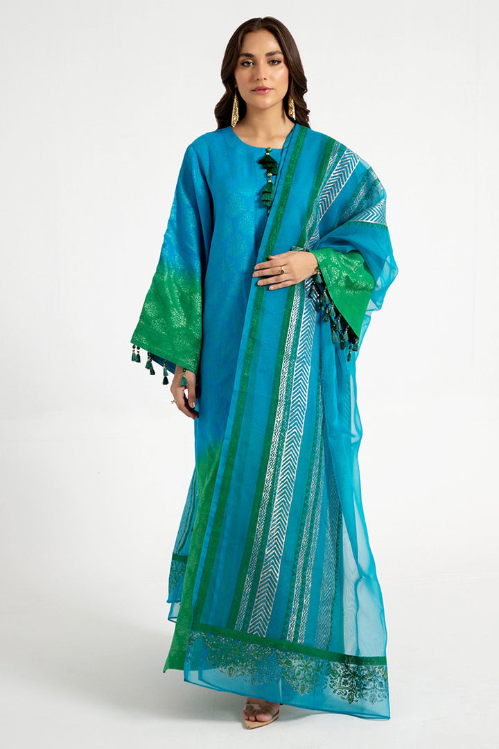 Arif Ashraf - Yasil - Blue and green - Self Jacquard and Organza - 3 Piece