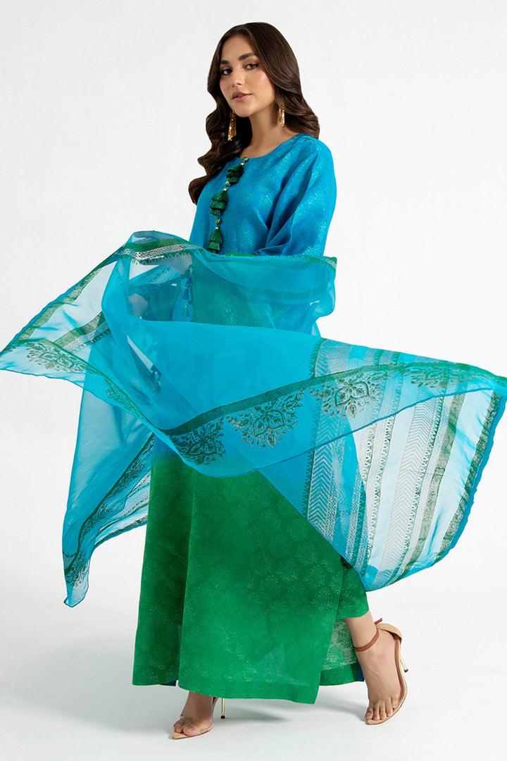 Arif Ashraf - Yasil - Blue and green - Self Jacquard and Organza - 3 Piece