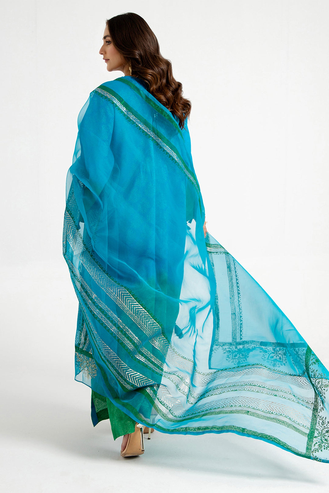 Arif Ashraf - Yasil - Blue and green - Self Jacquard and Organza - 3 Piece