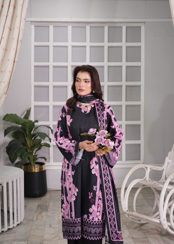 Aroshlay - Ebony Noir Printed Lawn Suit For Women - Black - 3 Piece