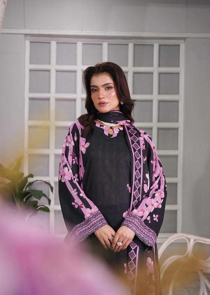 Aroshlay - Ebony Noir Printed Lawn Suit For Women - Black - 3 Piece
