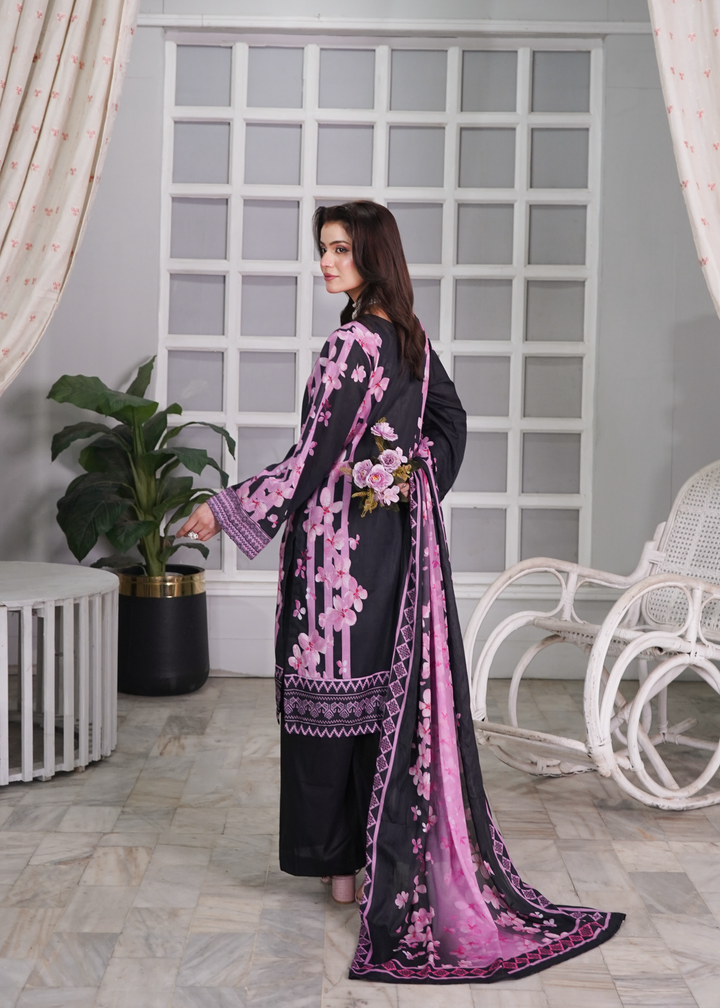 Aroshlay - Ebony Noir Printed Lawn Suit For Women - Black - 3 Piece