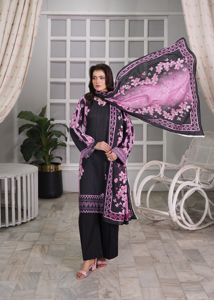 Aroshlay - Ebony Noir Printed Lawn Suit For Women - Black - 3 Piece