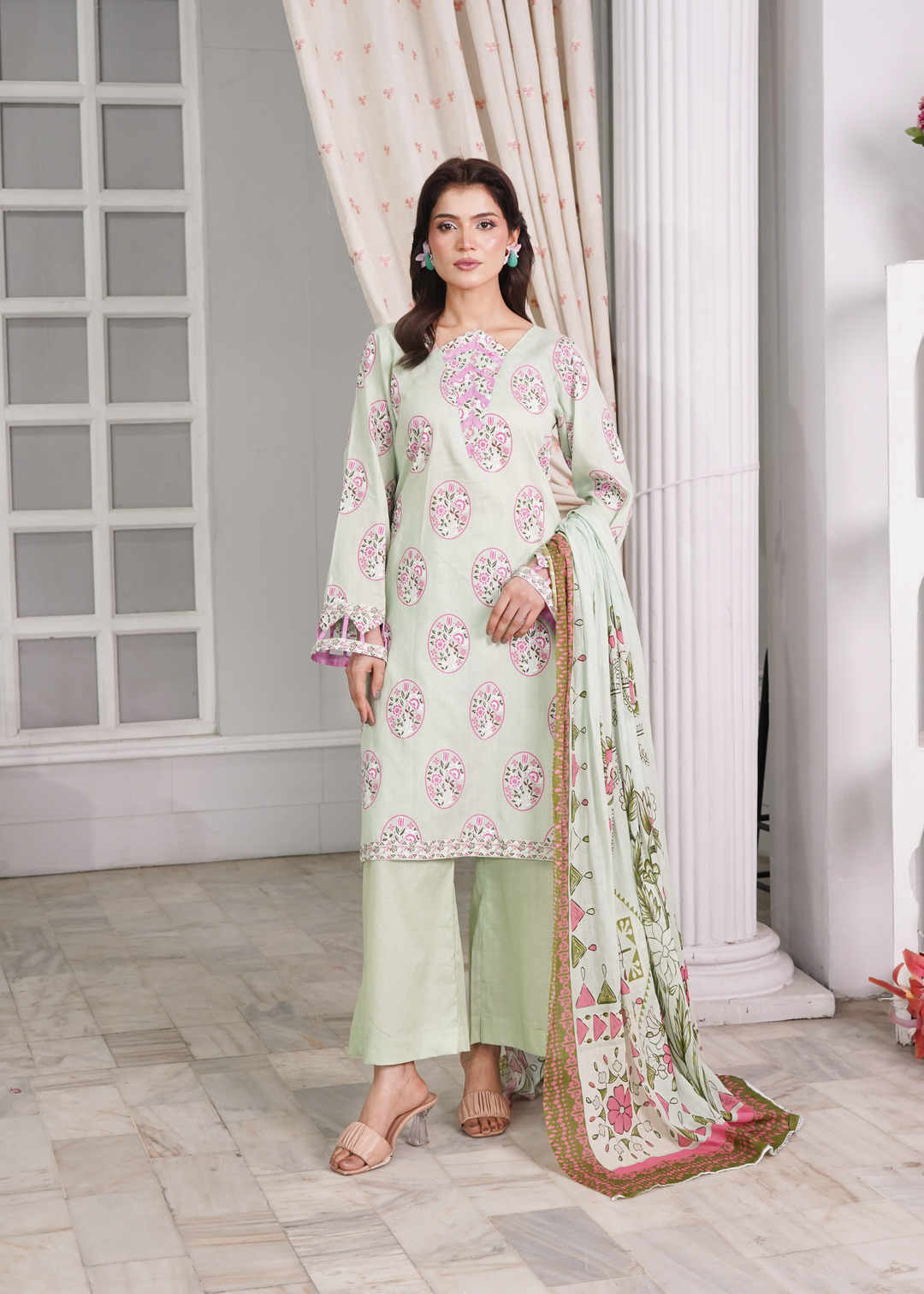 Aroshlay - Emerald Bloom Printed Lawn Suit For Women - Tea Green - 3 Piece