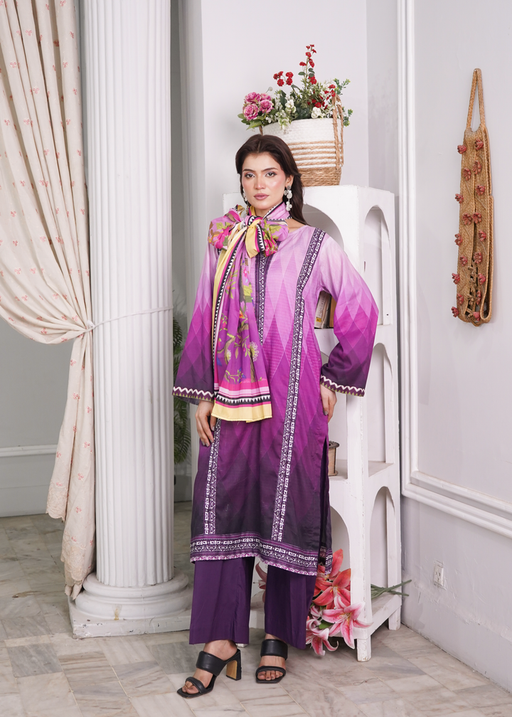 Aroshlay - Floral Symphony Printed Lawn Suit For Women - Orchid - 3 Piece