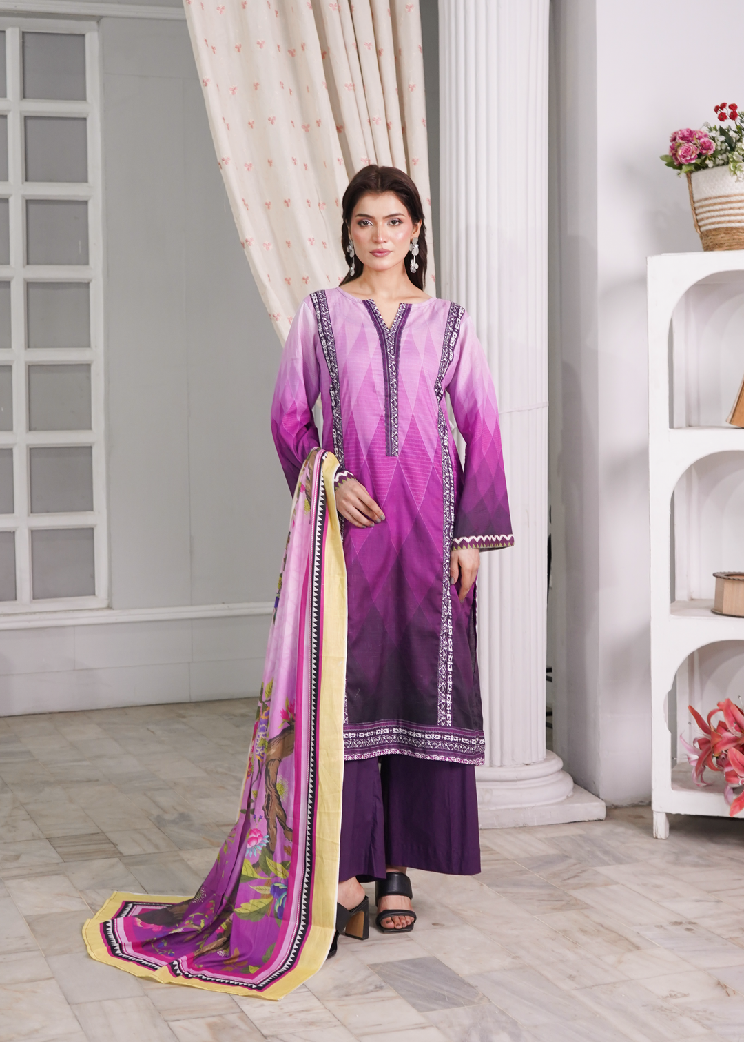 Aroshlay - Floral Symphony Printed Lawn Suit For Women - Orchid - 3 Piece