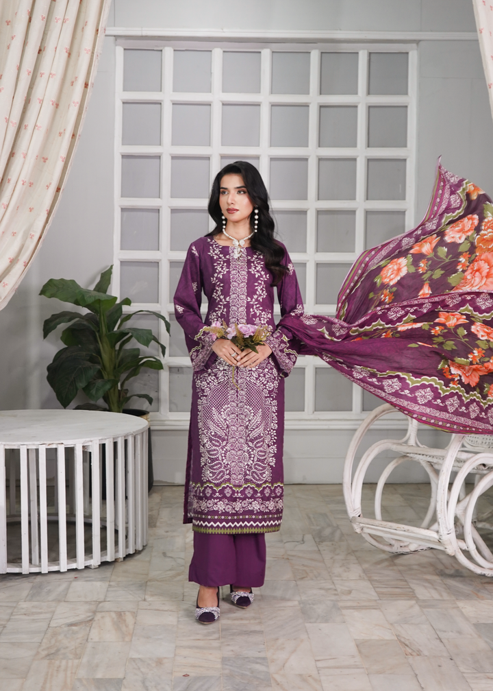 Aroshlay - Lush Pastel Printed Lawn Suit For Women - Plum - 3 Piece