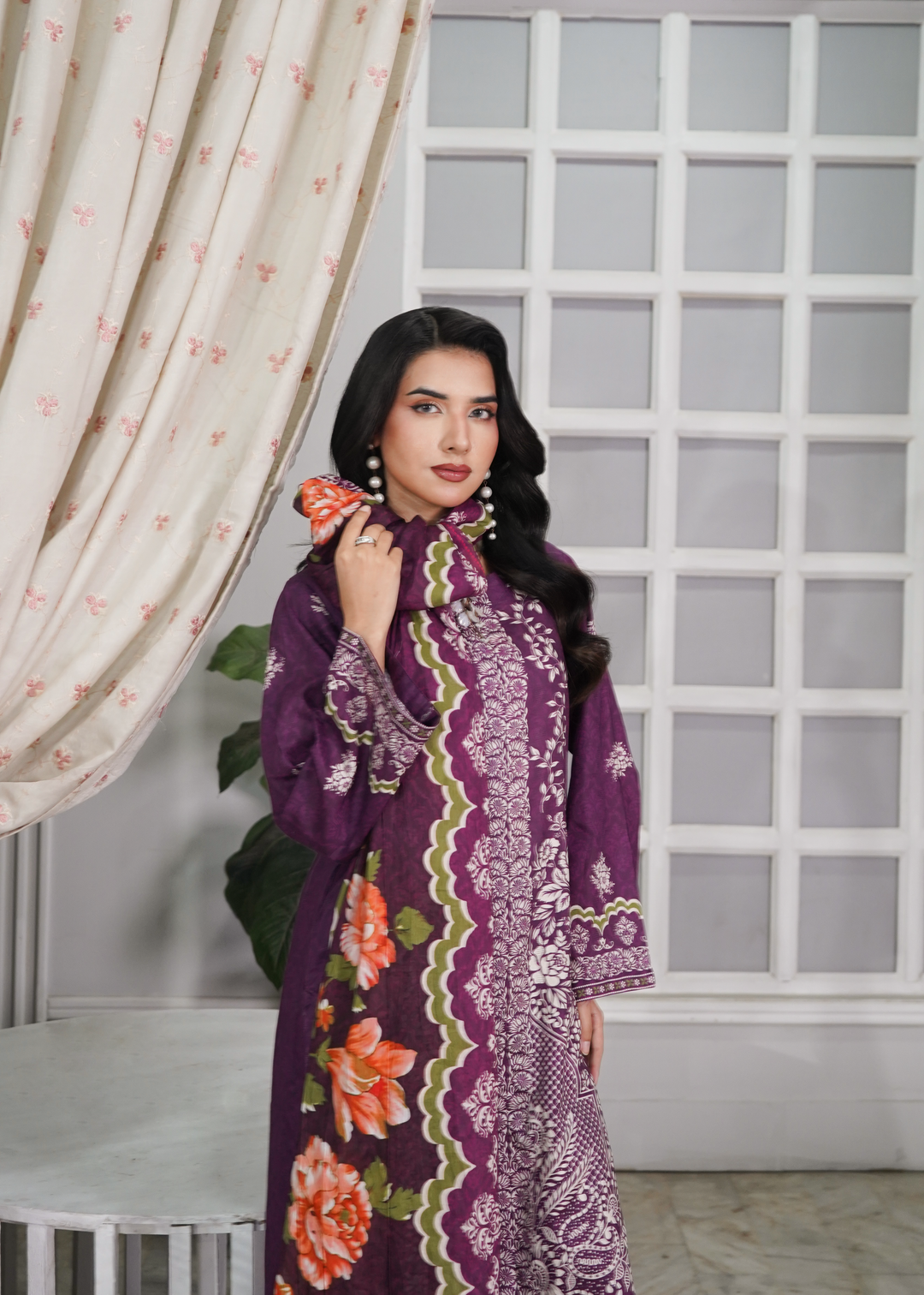 Aroshlay - Lush Pastel Printed Lawn Suit For Women - Plum - 3 Piece