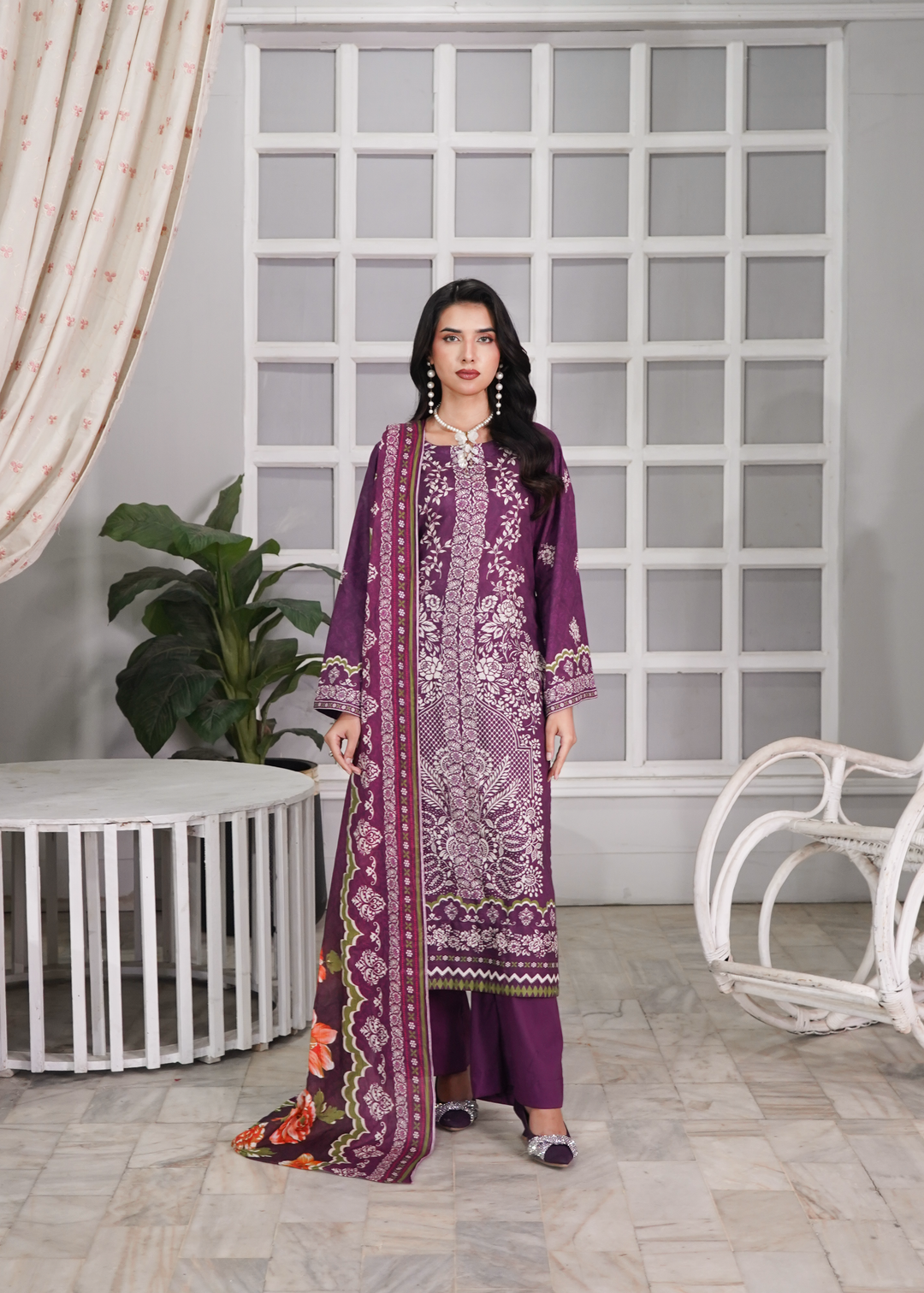 Aroshlay - Lush Pastel Printed Lawn Suit For Women - Plum - 3 Piece