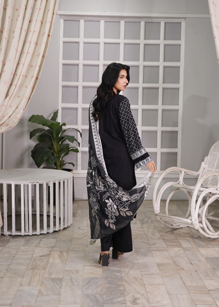 Aroshlay - Noir Essence Printed Lawn Suit For Women - Black - 3 Piece