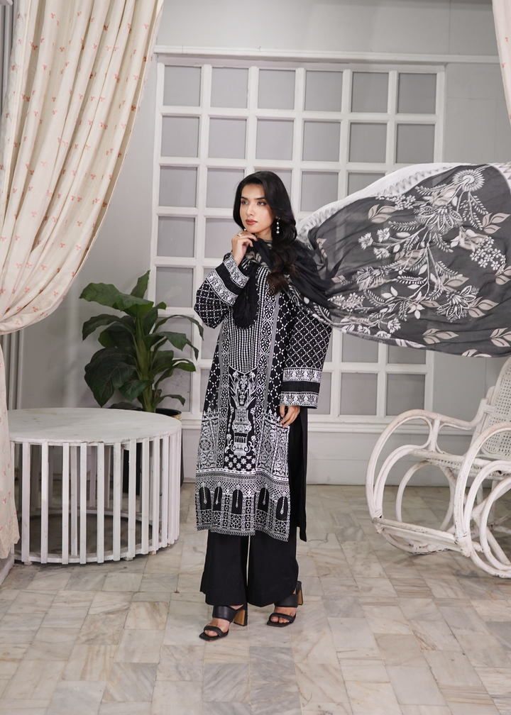 Aroshlay - Noir Essence Printed Lawn Suit For Women - Black - 3 Piece