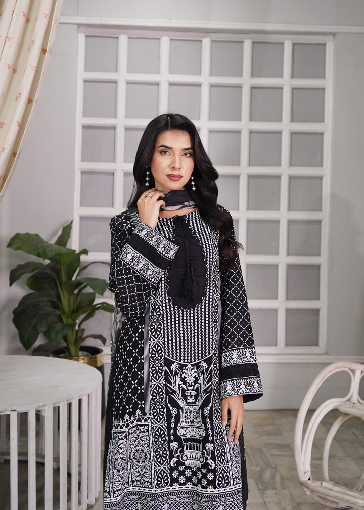 Aroshlay - Noir Essence Printed Lawn Suit For Women - Black - 3 Piece
