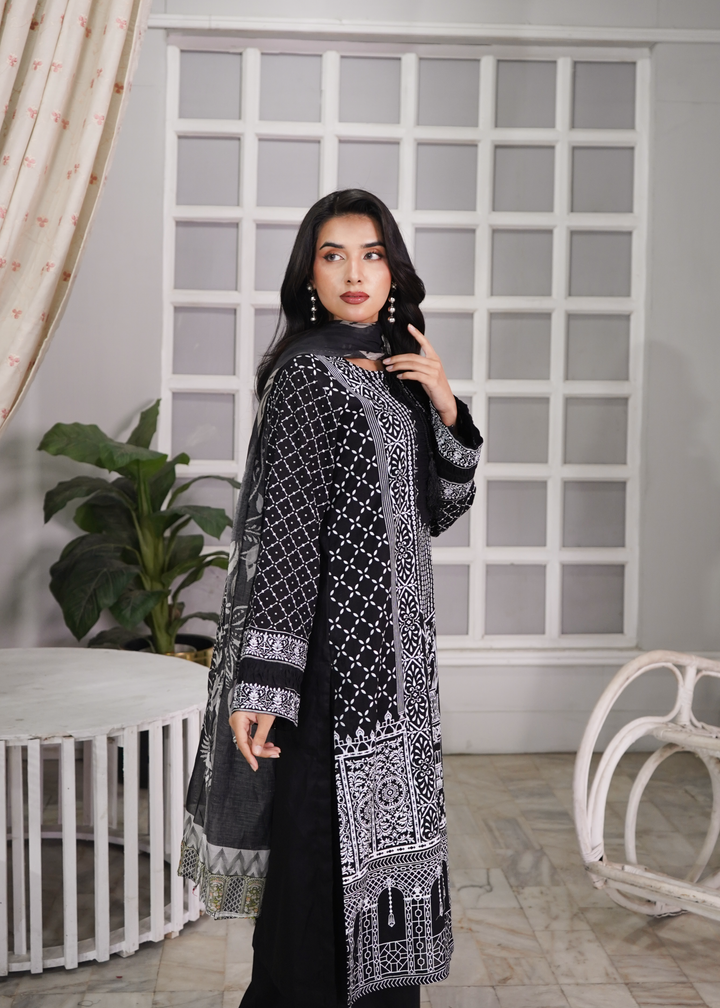 Aroshlay - Noir Essence Printed Lawn Suit For Women - Black - 3 Piece