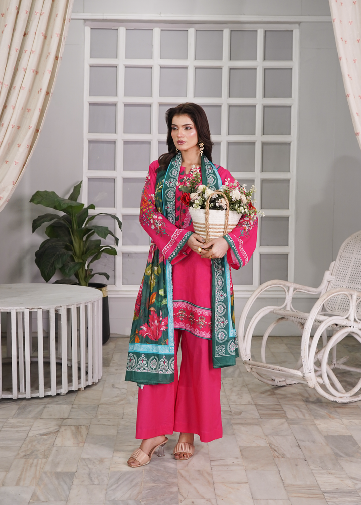 Aroshlay - Rose Charm Printed Lawn Suit For Women - Hot Pink - 3 Piece