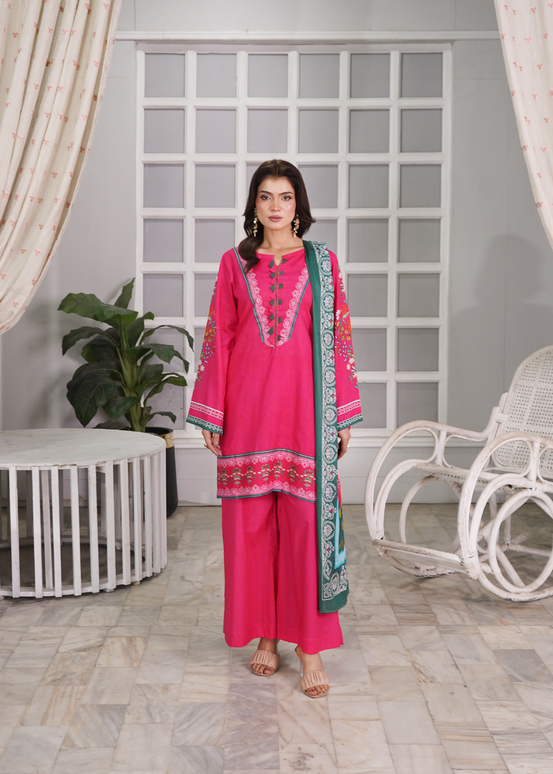 Aroshlay - Rose Charm Printed Lawn Suit For Women - Hot Pink - 3 Piece