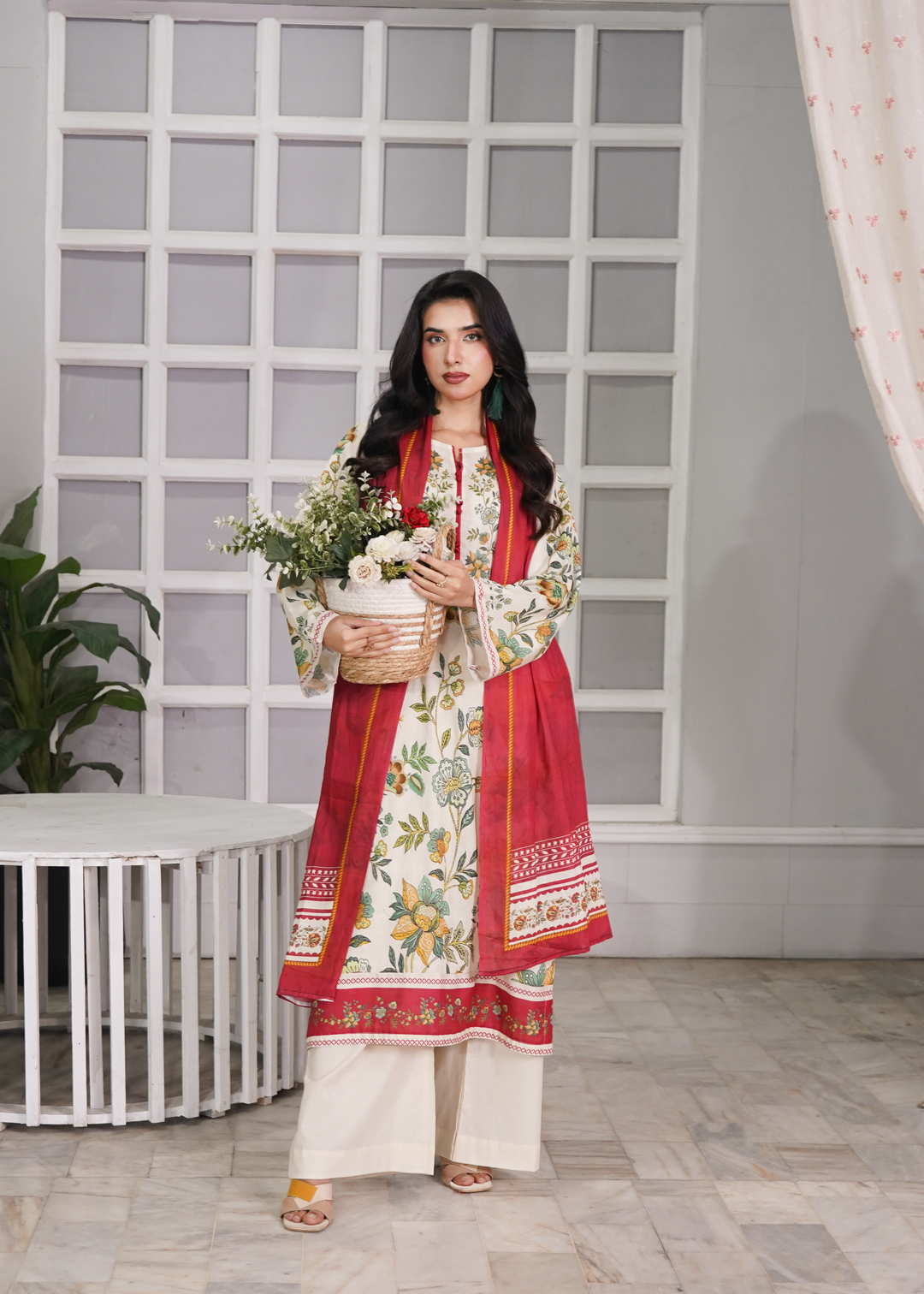 Aroshlay - Ruby Petal Printed Lawn Suit For Women - Cream - 3 Piece