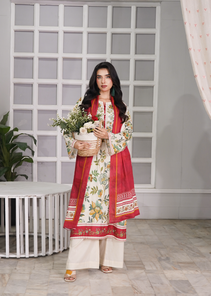 Aroshlay - Ruby Petal Printed Lawn Suit For Women - Cream - 3 Piece