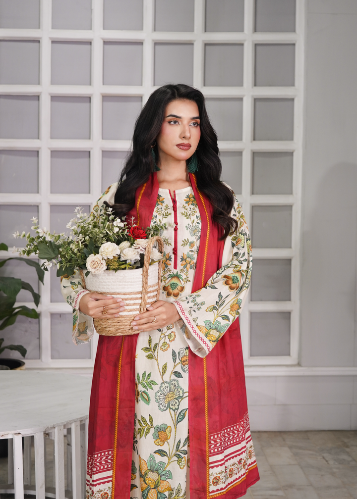 Aroshlay - Ruby Petal Printed Lawn Suit For Women - Cream - 3 Piece