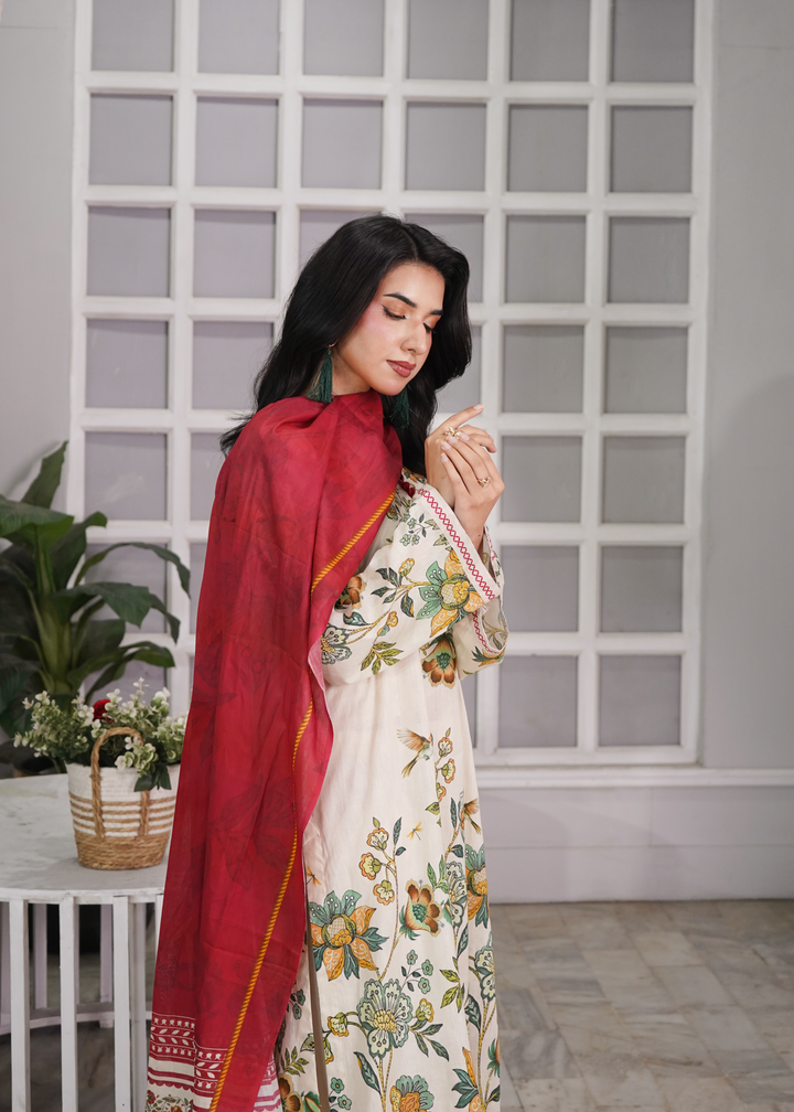 Aroshlay - Ruby Petal Printed Lawn Suit For Women - Cream - 3 Piece