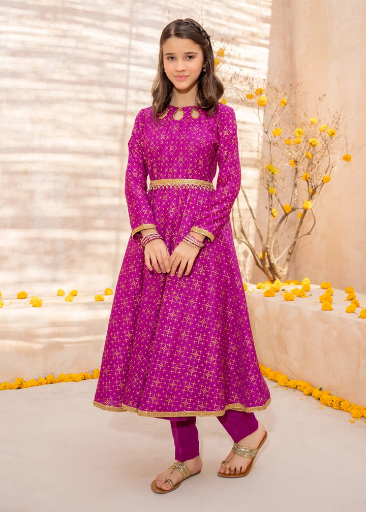 Modest - Purple Rawsilk Printed Frock For Girl - 3 Piece