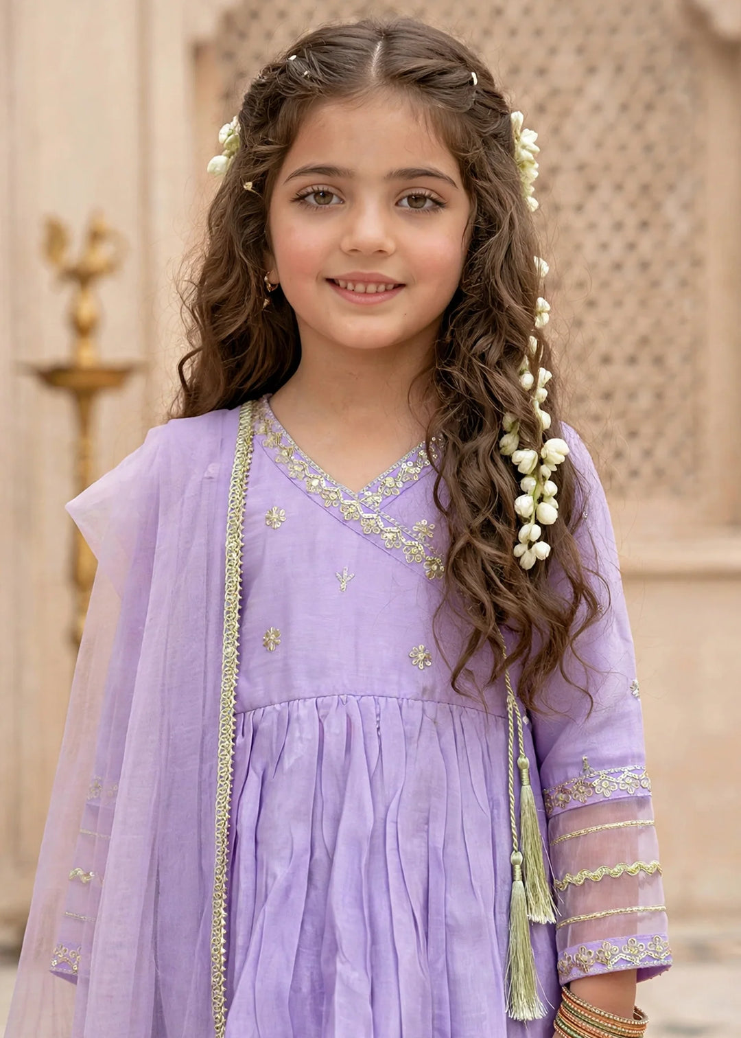 Modest Girls 3 Piece Cotton Silk Embroidered Anghrakha Dress Purple