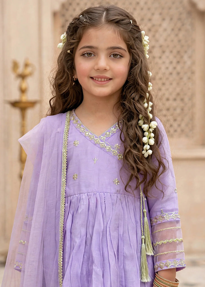Modest Girls 3 Piece Cotton Silk Embroidered Anghrakha Dress Purple