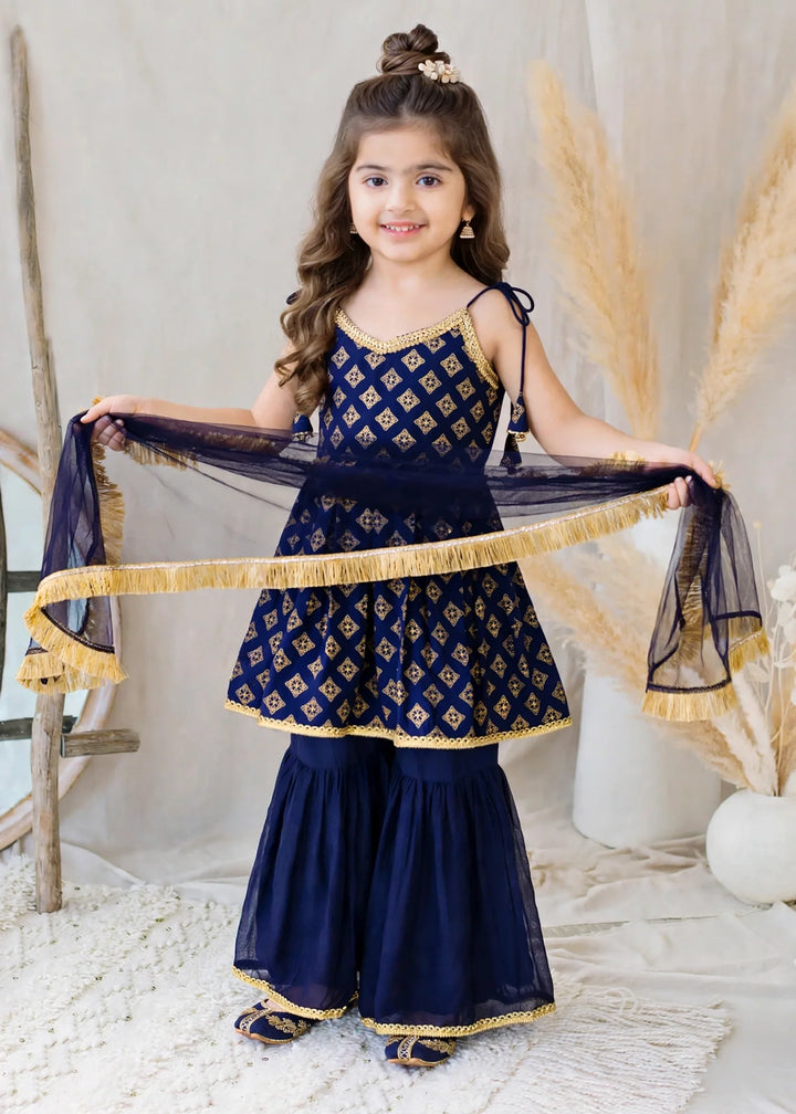 Modest 3 Piece Printed Rawsilk Blue Gharara