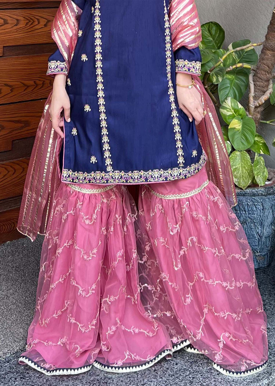 Modest - Gulnoor Rawsilk Gharara Suit For Women - Blue - 3 Piece