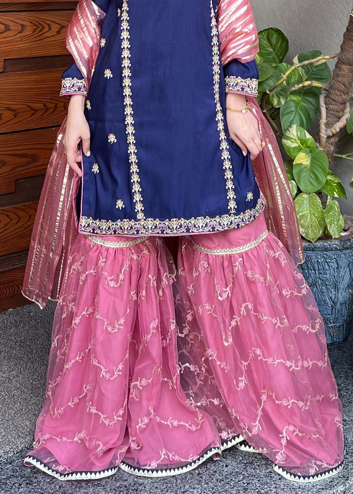 Modest - Gulnoor Rawsilk Gharara Suit For Women - Blue - 3 Piece