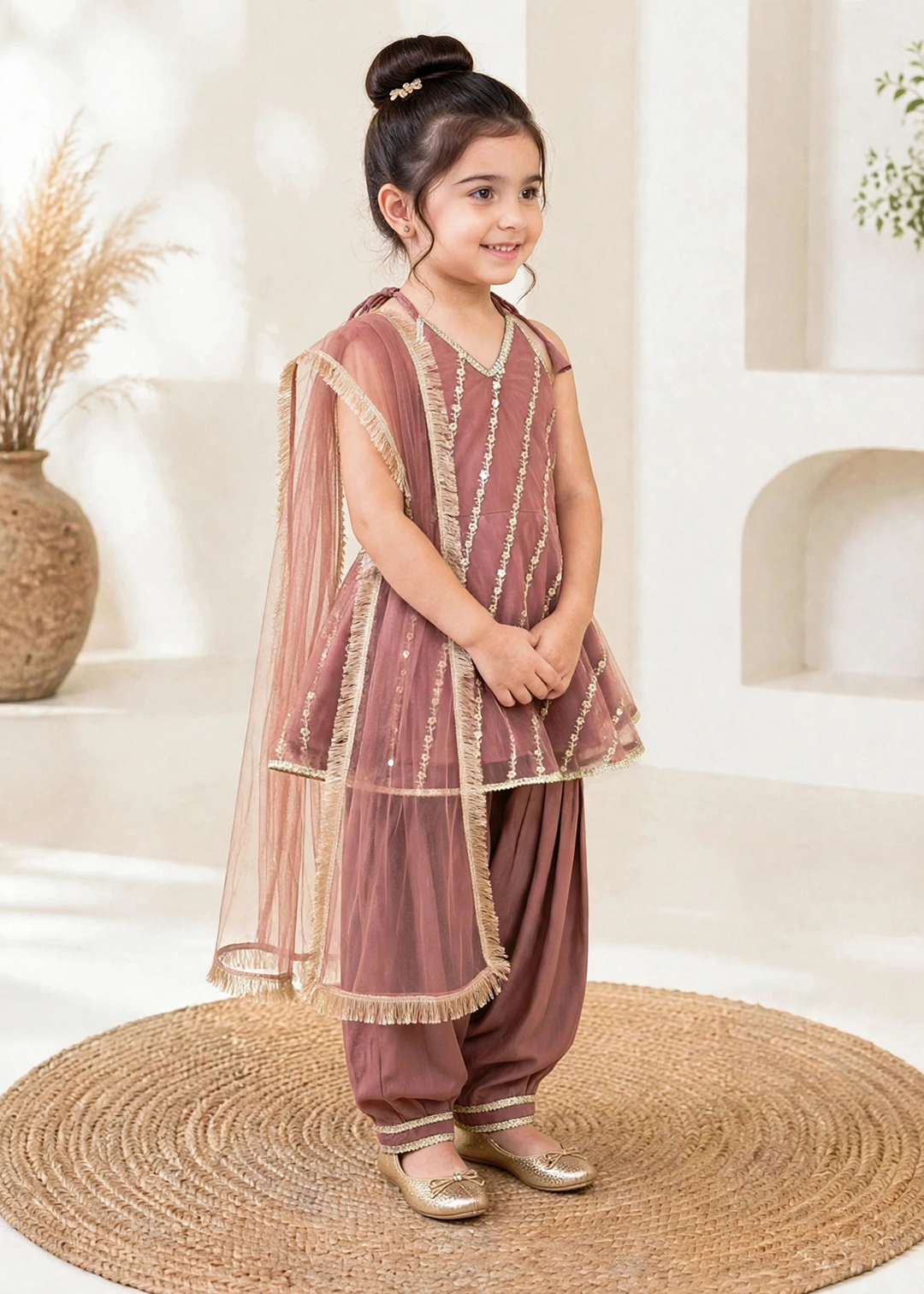 Modest 3 Piece Net Embroidered Tea Pink Suit