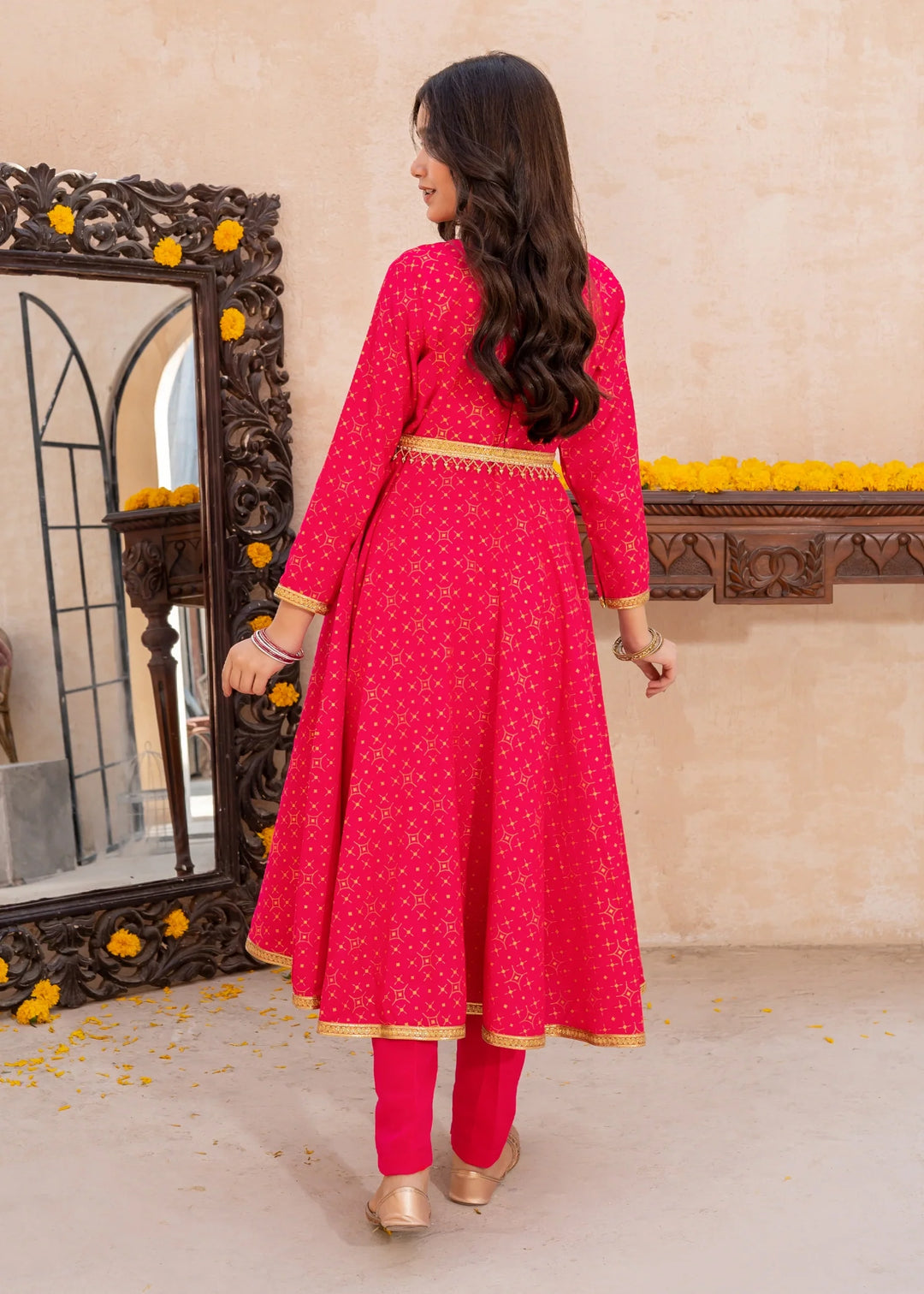 Modest - Pink Rawsilk Printed Frock For Girl - 3 Piece