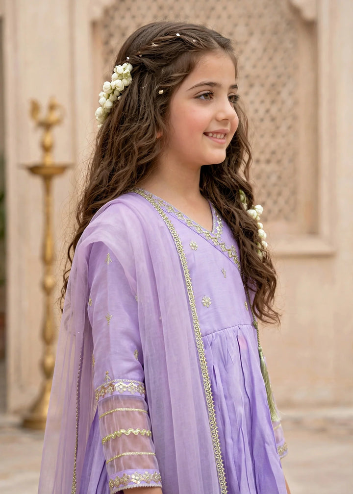 Modest Girls 3 Piece Cotton Silk Embroidered Anghrakha Dress Purple