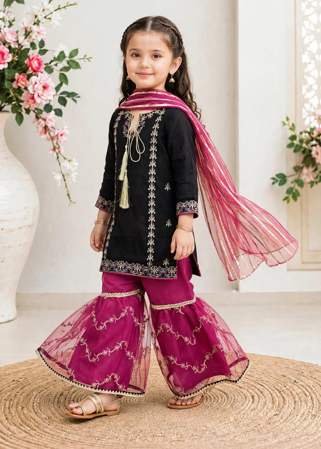 Modest Black Rawsilk Gharara 3 Piece