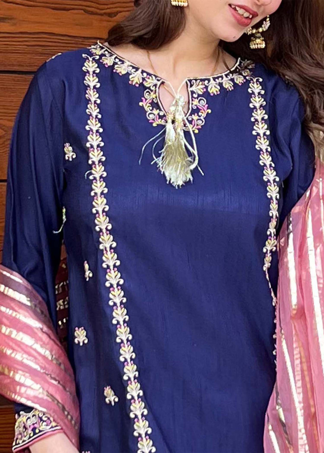 Modest - Gulnoor Rawsilk Gharara Suit For Women - Blue - 3 Piece