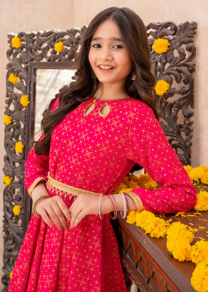 Modest - Pink Rawsilk Printed Frock For Girl - 3 Piece