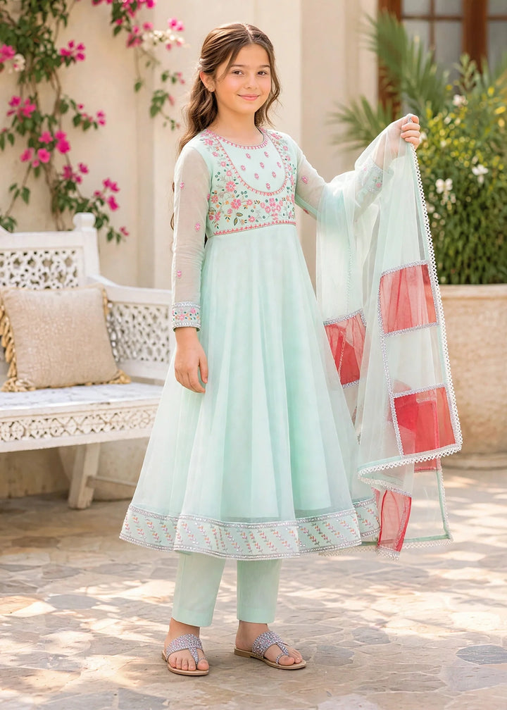 Modest 3 Piece Blue Embroidered Crinkle Suit