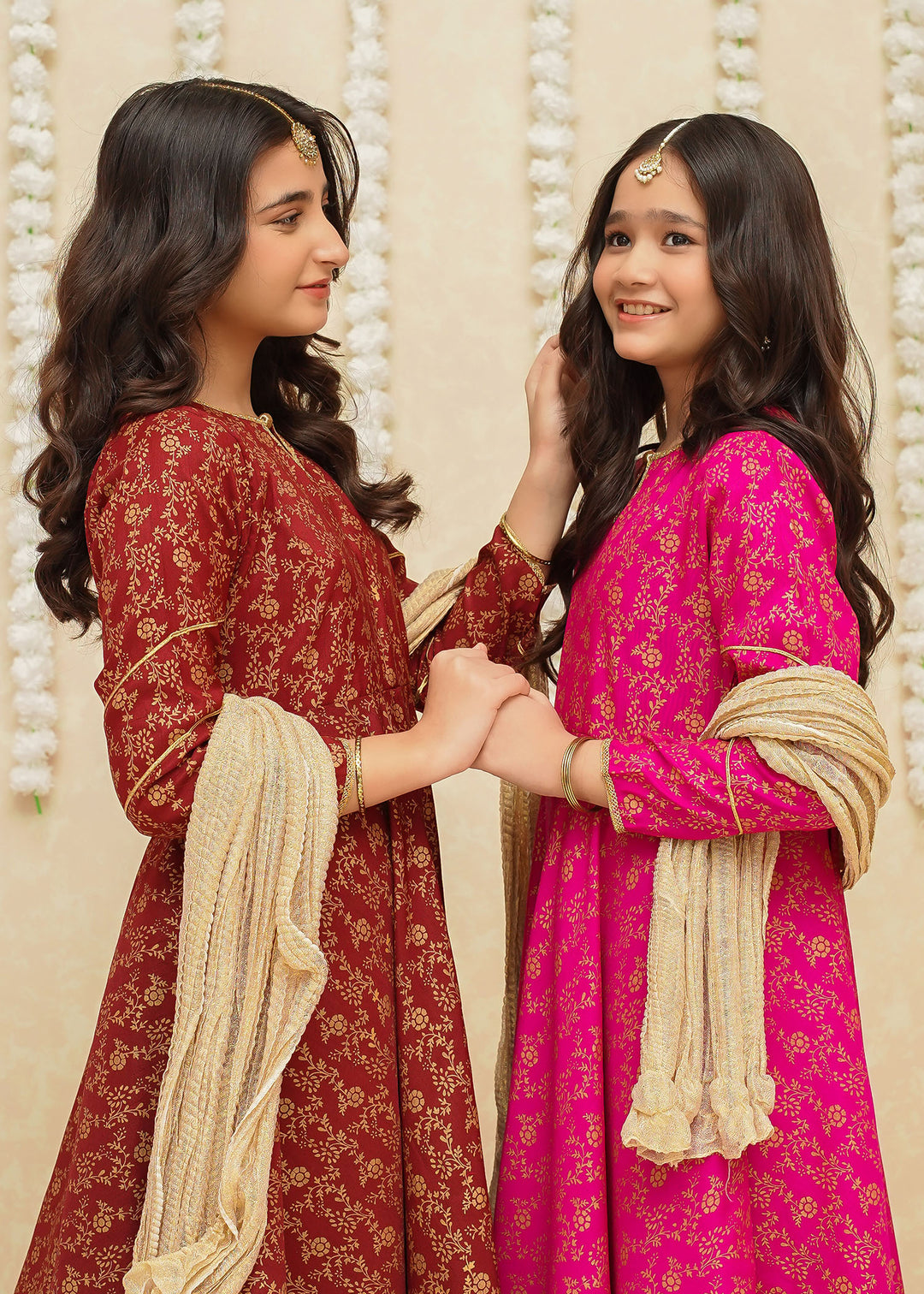 Modest - Rawsilk Printed Frock For Girl - Maroon - 3 Piece
