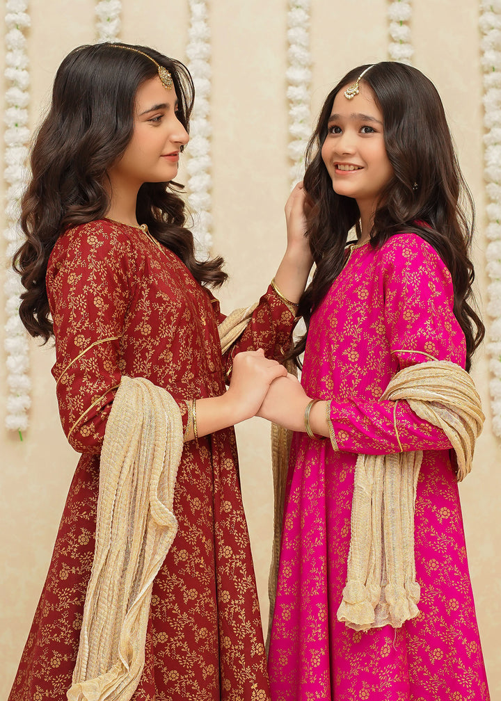 Modest - Rawsilk Printed Frock For Girl - Maroon - 3 Piece