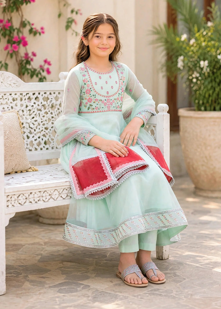 Modest 3 Piece Blue Embroidered Crinkle Suit