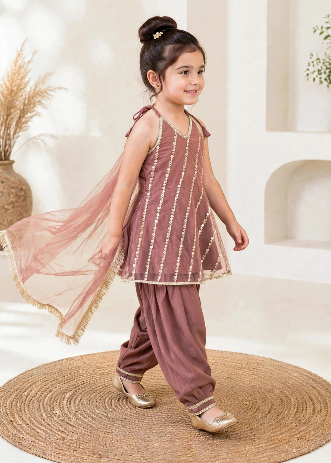 Modest 3 Piece Net Embroidered Tea Pink Suit