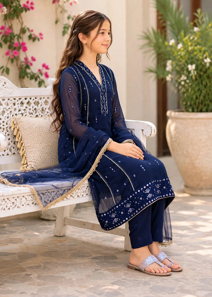 Modest Embroidered Crinkle Suit Blue 3 Piece