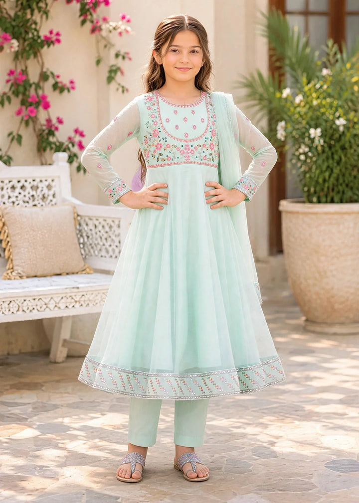 Modest 3 Piece Blue Embroidered Crinkle Suit